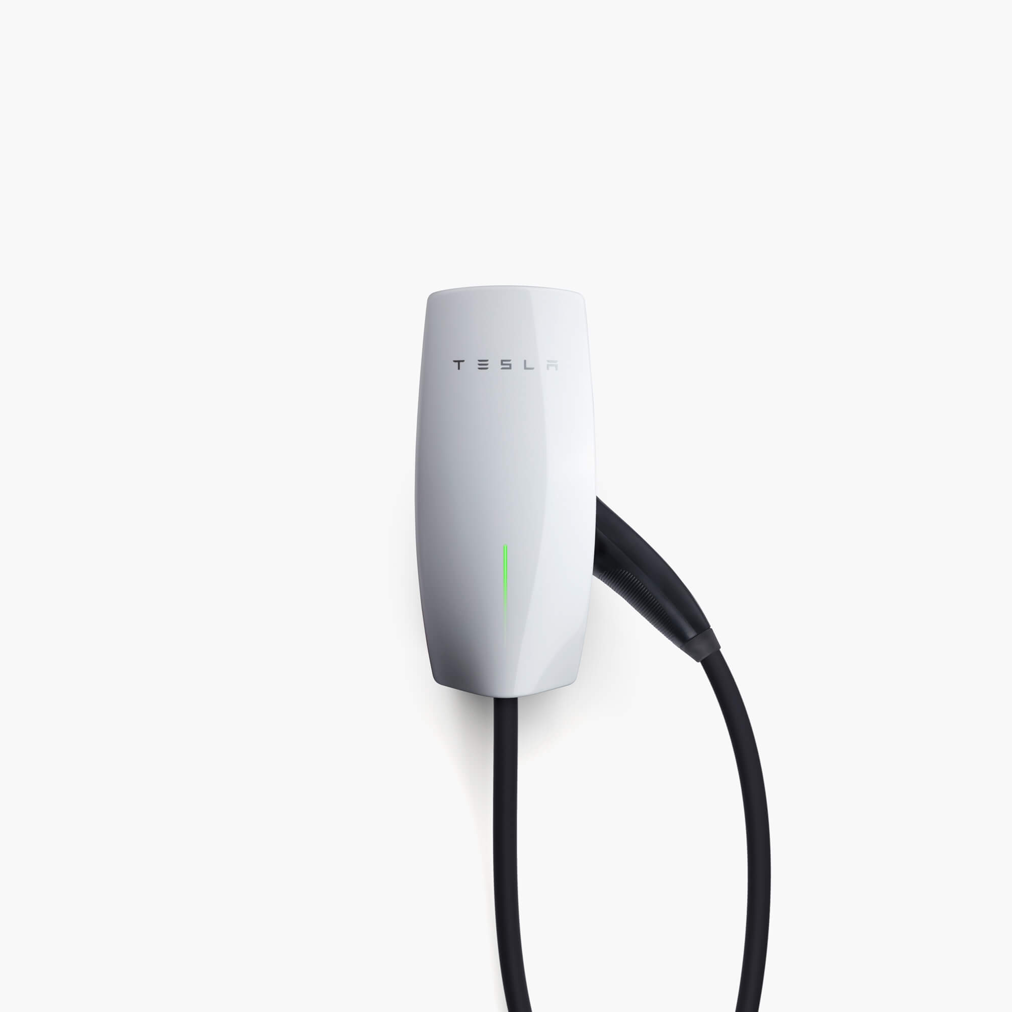 Tesla Wall Connector blanc avec son câble Type 2 attaché